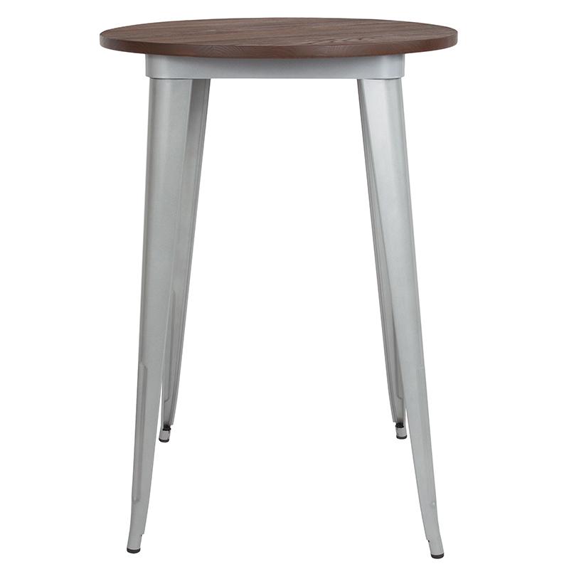 30" Round Silver Metal Indoor Bar Height Table with Walnut Rustic Wood Top. Picture 2