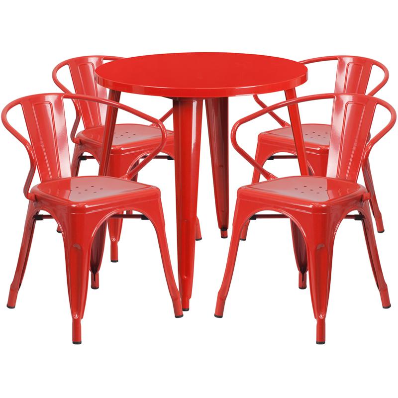 30'' Round Red Metal Indoor-Outdoor Table Set with 4 Arm Chairs. The main picture.