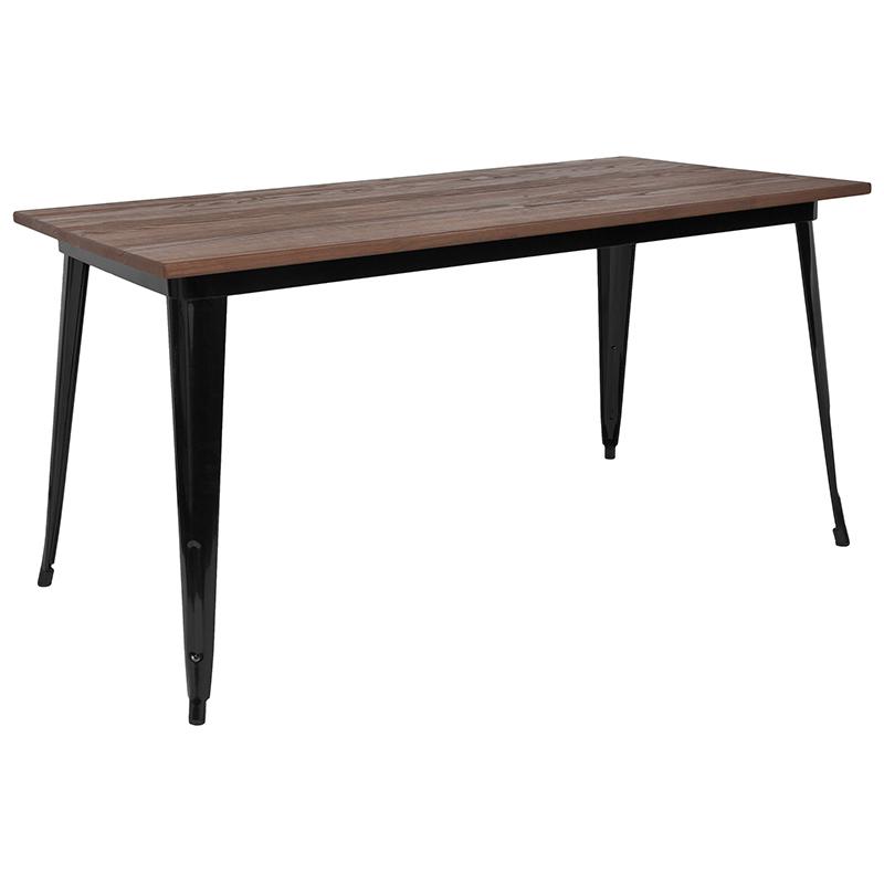 30.25" x 60" Rectangular Black Metal Indoor Table with Walnut Rustic Wood Top. The main picture.