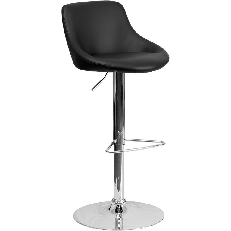 Contemporary Black Vinyl Bucket Seat Adjustable Height Barstool with Chrome Base. Picture 1