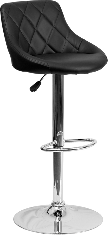 Black Vinyl Bucket Seat Barstool with Diamond Pattern Back and Chrome Base. Picture 1