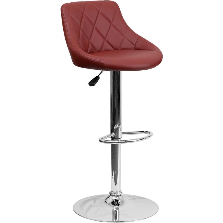 Burgundy Vinyl Bucket Seat Barstool with Diamond Pattern Back and Chrome Base. Picture 1