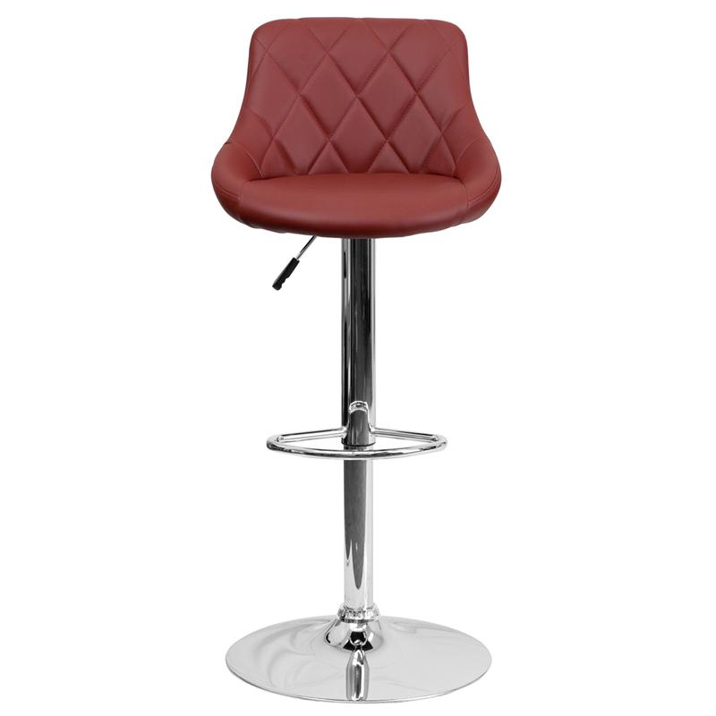 Burgundy Vinyl Bucket Seat Barstool with Diamond Pattern Back and Chrome Base. Picture 4