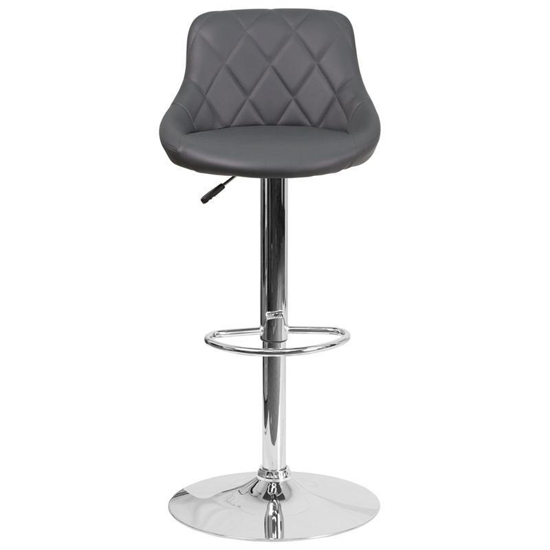 Contemporary Gray Vinyl Bucket Seat Adjustable Height Barstool with Chrome Base. Picture 4