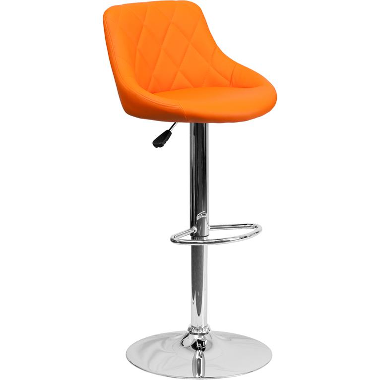 Orange Vinyl Bucket Seat Barstool with Diamond Pattern Back and Chrome Base. Picture 1