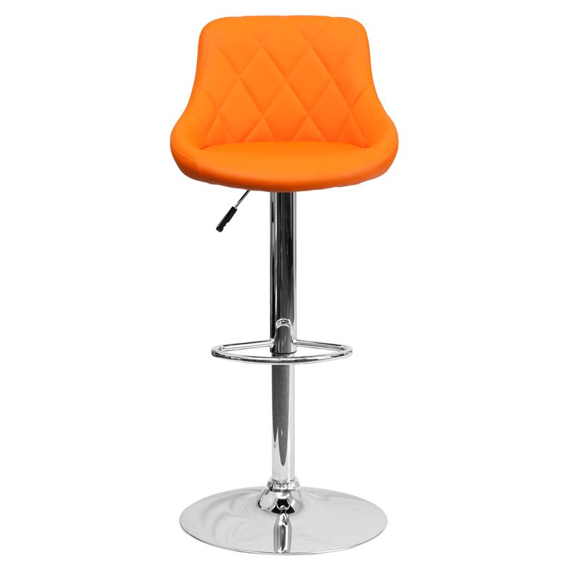 Orange Vinyl Bucket Seat Barstool with Diamond Pattern Back and Chrome Base. Picture 4
