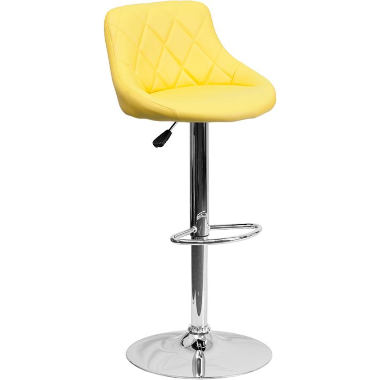 Yellow Vinyl Bucket Seat Barstool with Diamond Pattern Back and Chrome Base. Picture 1