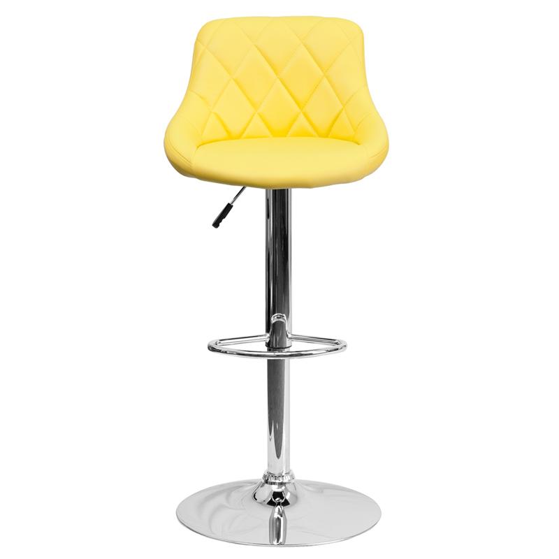 Yellow Vinyl Bucket Seat Barstool with Diamond Pattern Back and Chrome Base. Picture 4