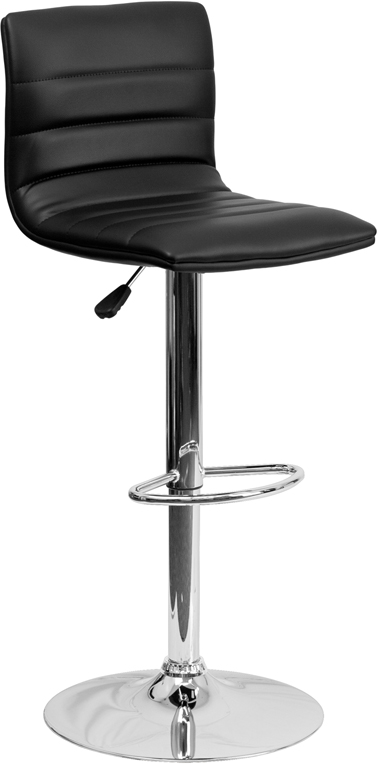 Modern Black Vinyl Adjustable Bar Stool with Back, Counter Height Swivel Stool with Chrome Pedestal Base. Picture 1