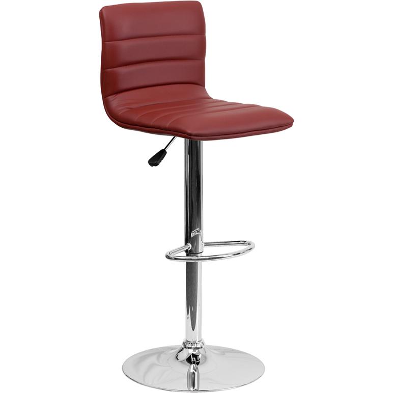 Modern Burgundy Vinyl Adjustable Bar Stool with Back, Counter Height Swivel Stool with Chrome Pedestal Base. The main picture.