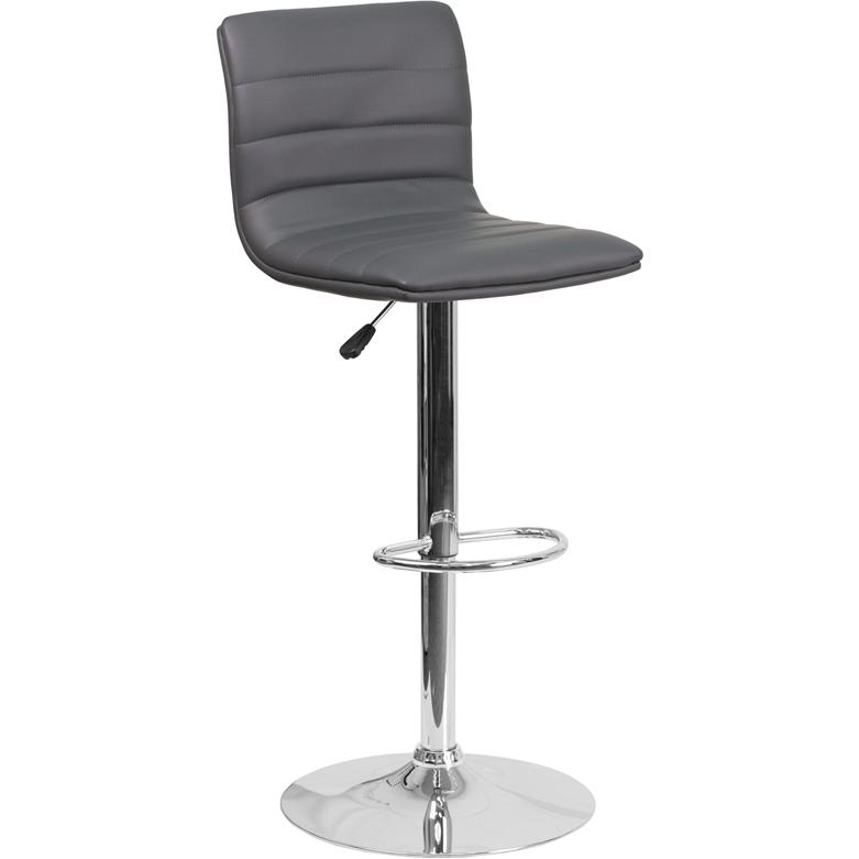 Modern Gray Vinyl Adjustable Bar Stool with Back, Counter Height Swivel Stool with Chrome Pedestal Base. The main picture.
