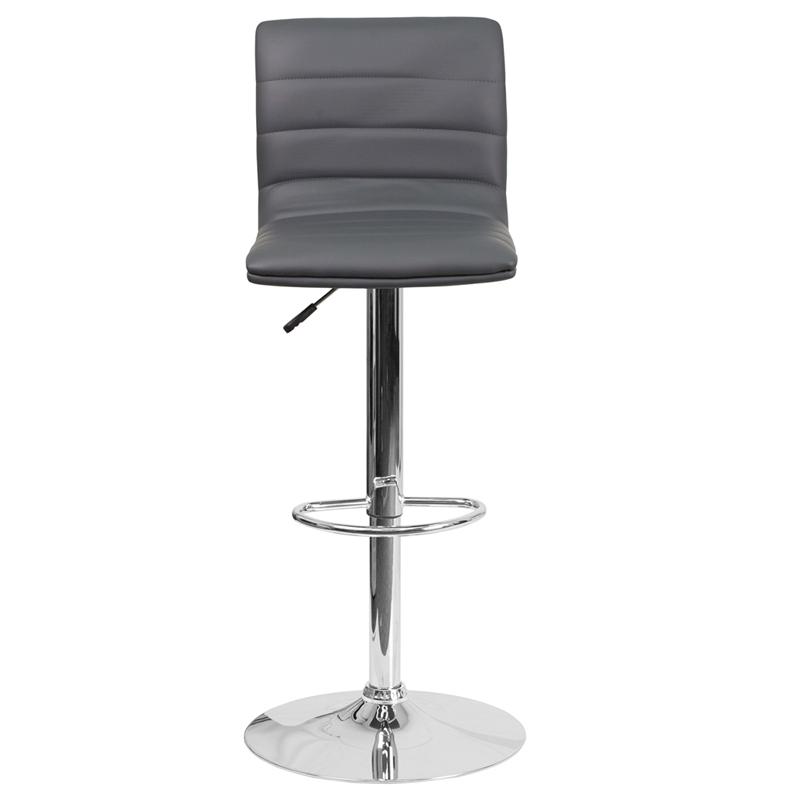 Modern Gray Vinyl Adjustable Bar Stool with Back, Counter Height Swivel Stool with Chrome Pedestal Base. Picture 4
