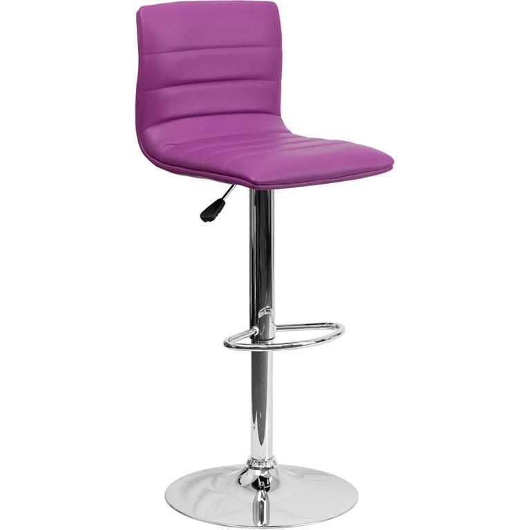 Modern Purple Vinyl Adjustable Bar Stool with Back, Counter Height Swivel Stool with Chrome Pedestal Base. The main picture.
