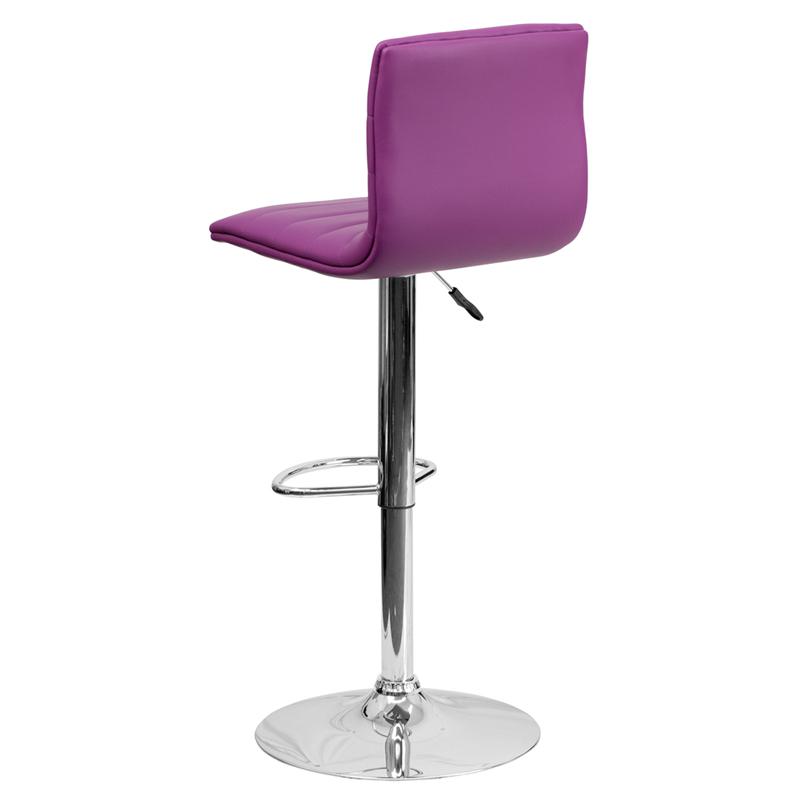 Modern Purple Vinyl Adjustable Bar Stool with Back, Counter Height Swivel Stool with Chrome Pedestal Base. Picture 3