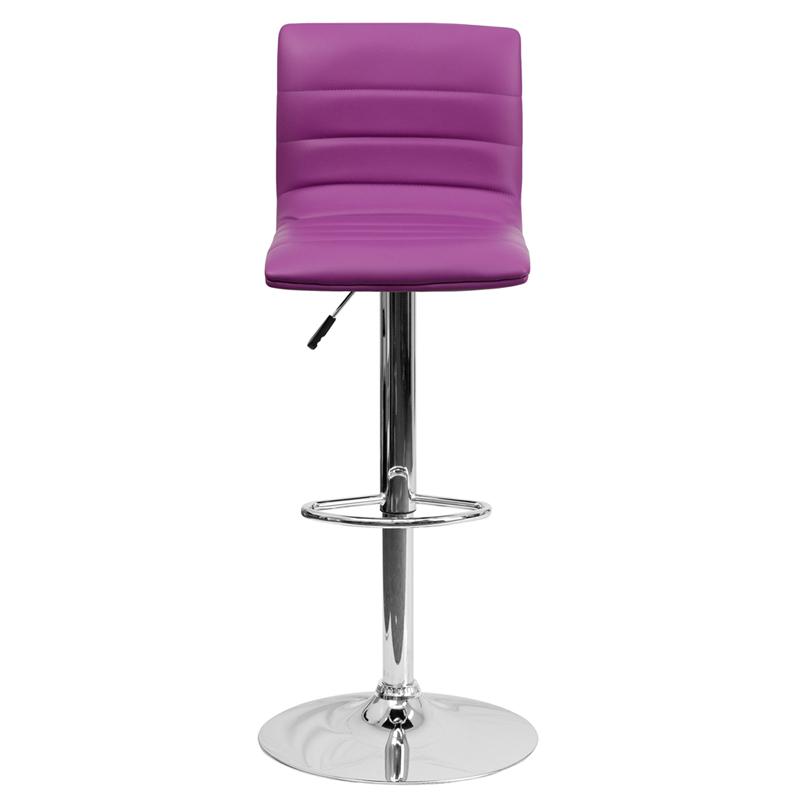 Modern Purple Vinyl Adjustable Bar Stool with Back, Counter Height Swivel Stool with Chrome Pedestal Base. Picture 4