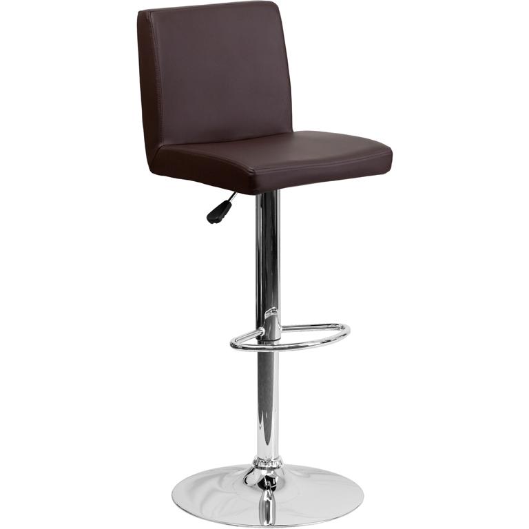 Contemporary Brown Vinyl Adjustable Height Barstool with Panel Back and Chrome Base. The main picture.