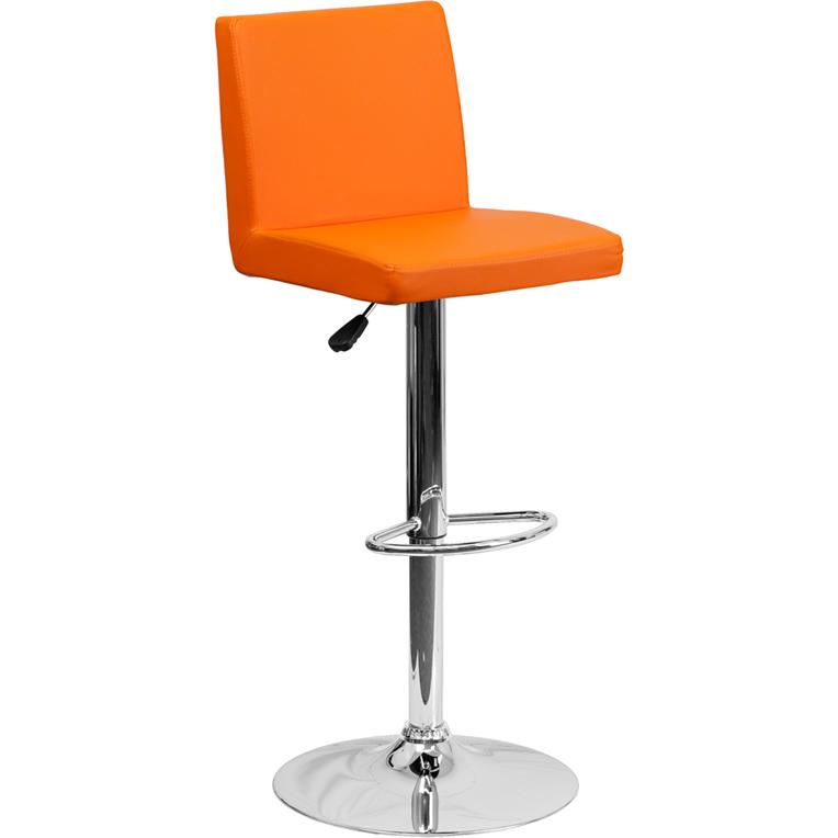 Contemporary Orange Vinyl Adjustable Height Barstool with Panel Back and Chrome Base. Picture 1