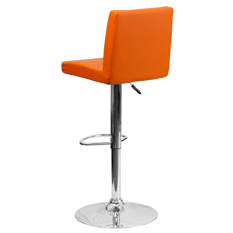 Contemporary Orange Vinyl Adjustable Height Barstool with Panel Back and Chrome Base. Picture 3