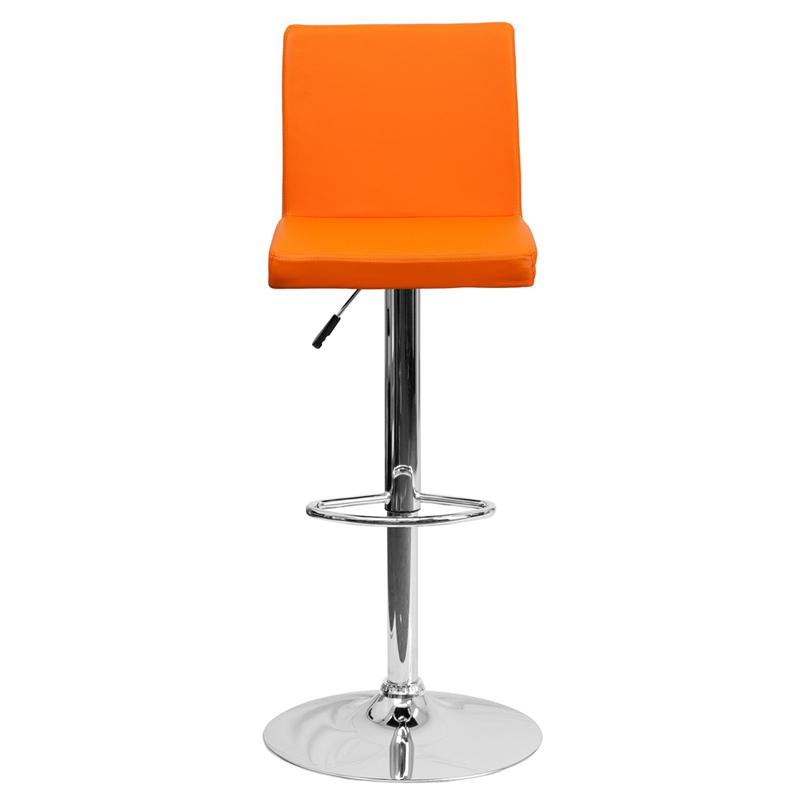 Contemporary Orange Vinyl Adjustable Height Barstool with Panel Back and Chrome Base. Picture 4