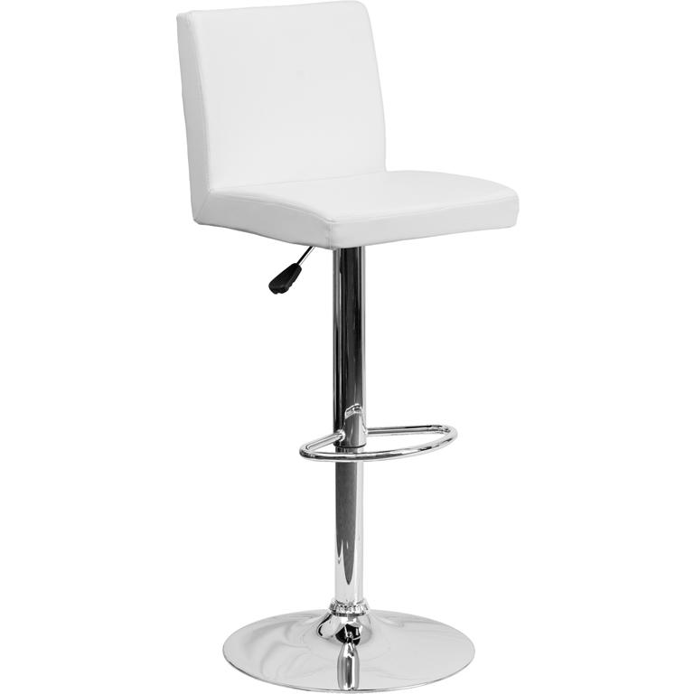 Contemporary White Vinyl Adjustable Height Barstool with Panel Back and Chrome Base. The main picture.
