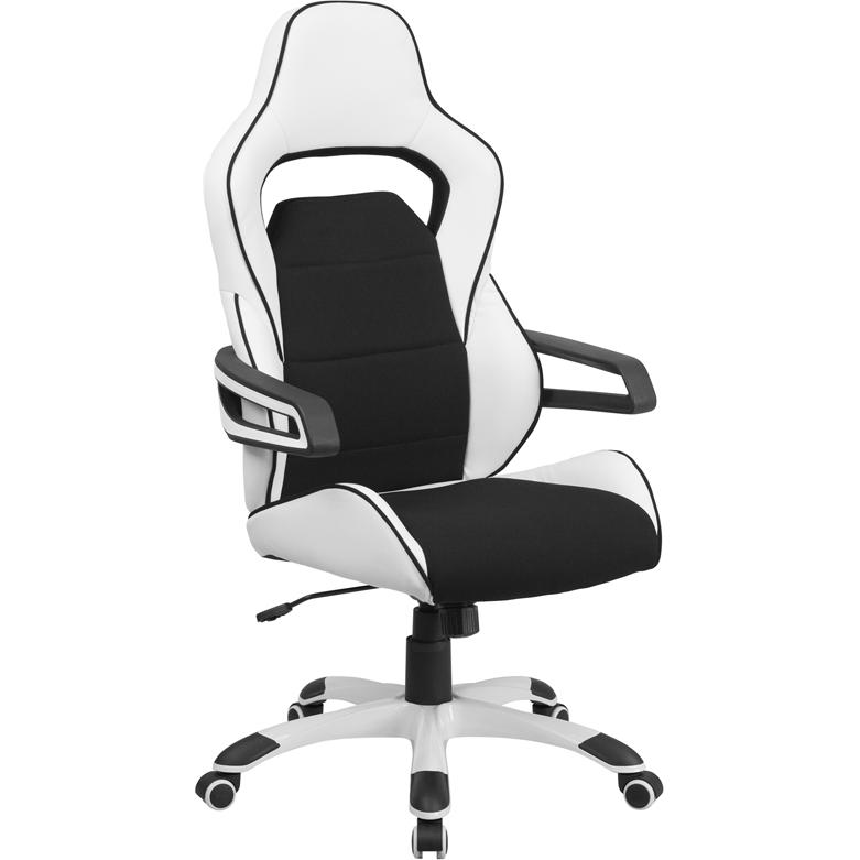 High Back White Vinyl Executive Swivel Office Chair with Black Fabric Inserts and Arms. The main picture.