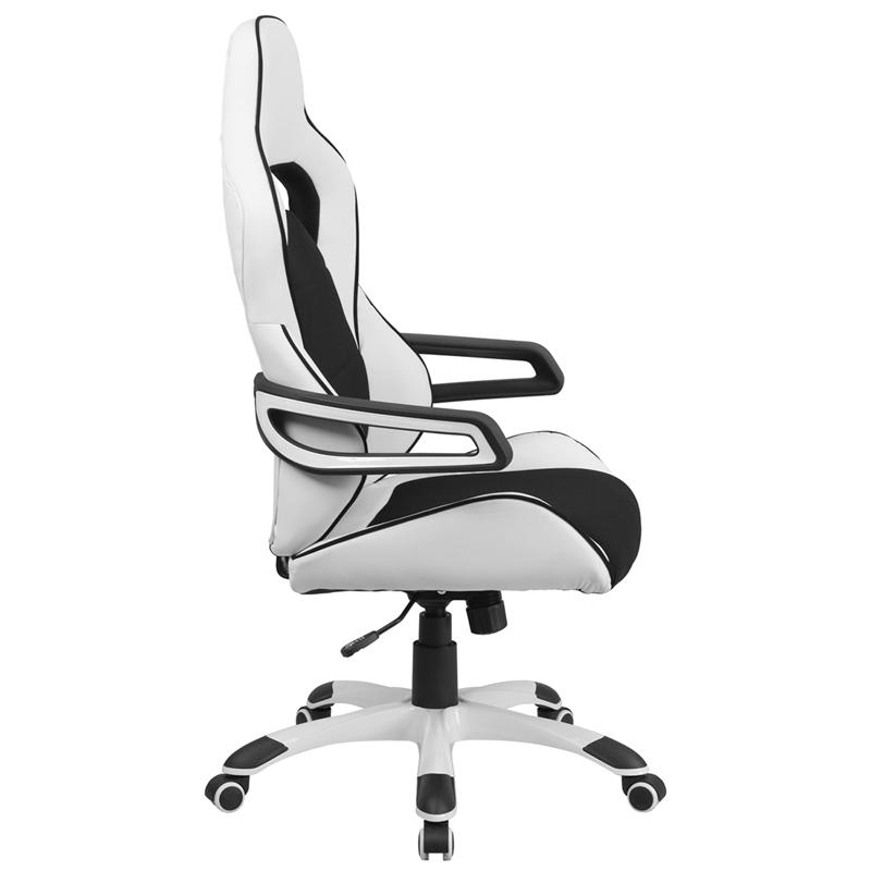 High Back White Vinyl Executive Swivel Office Chair with Black Fabric Inserts and Arms. Picture 2