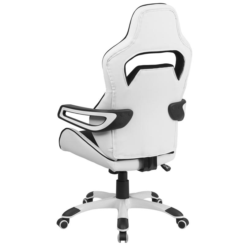 High Back White Vinyl Executive Swivel Office Chair with Black Fabric Inserts and Arms. Picture 3