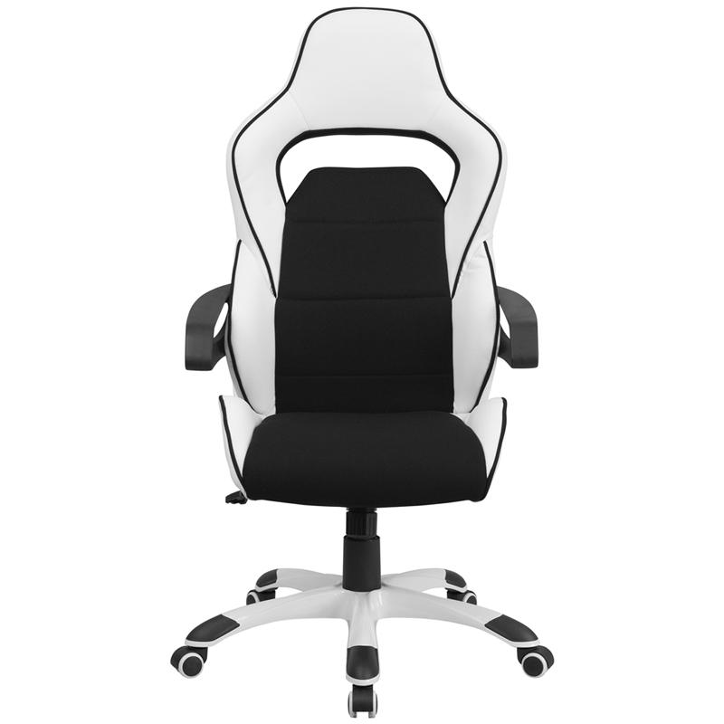 High Back White Vinyl Executive Swivel Office Chair with Black Fabric Inserts and Arms. Picture 4