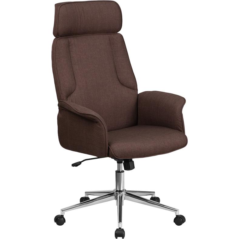 High Back Brown Fabric Executive Swivel Office Chair with Chrome Base and Fully Upholstered Arms. Picture 1