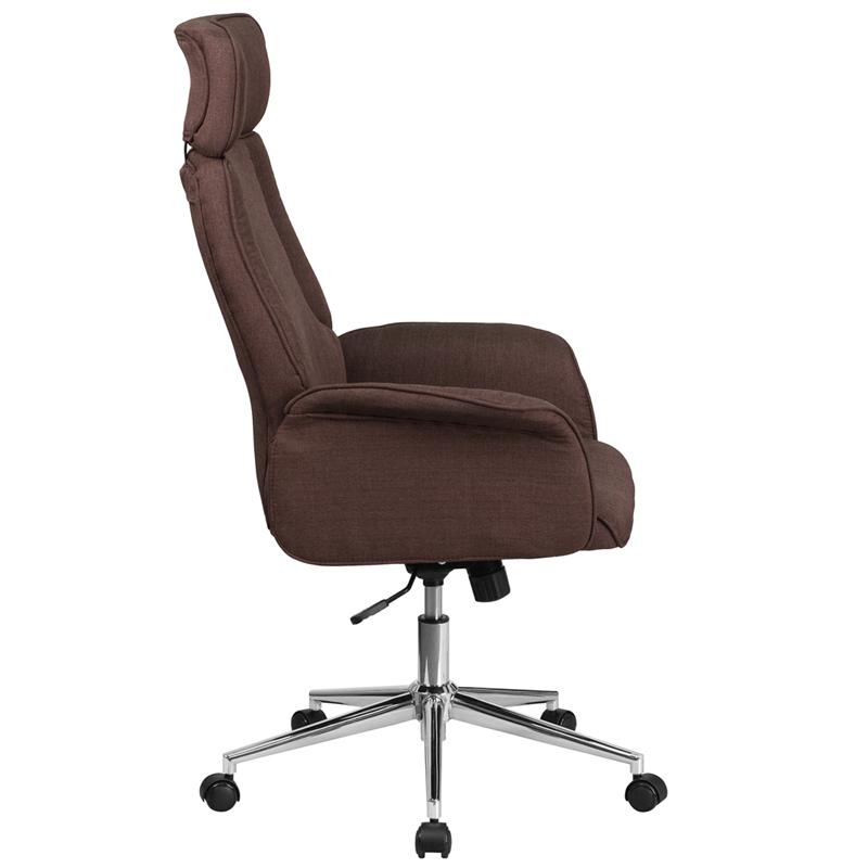 High Back Brown Fabric Executive Swivel Office Chair with Chrome Base and Fully Upholstered Arms. Picture 2