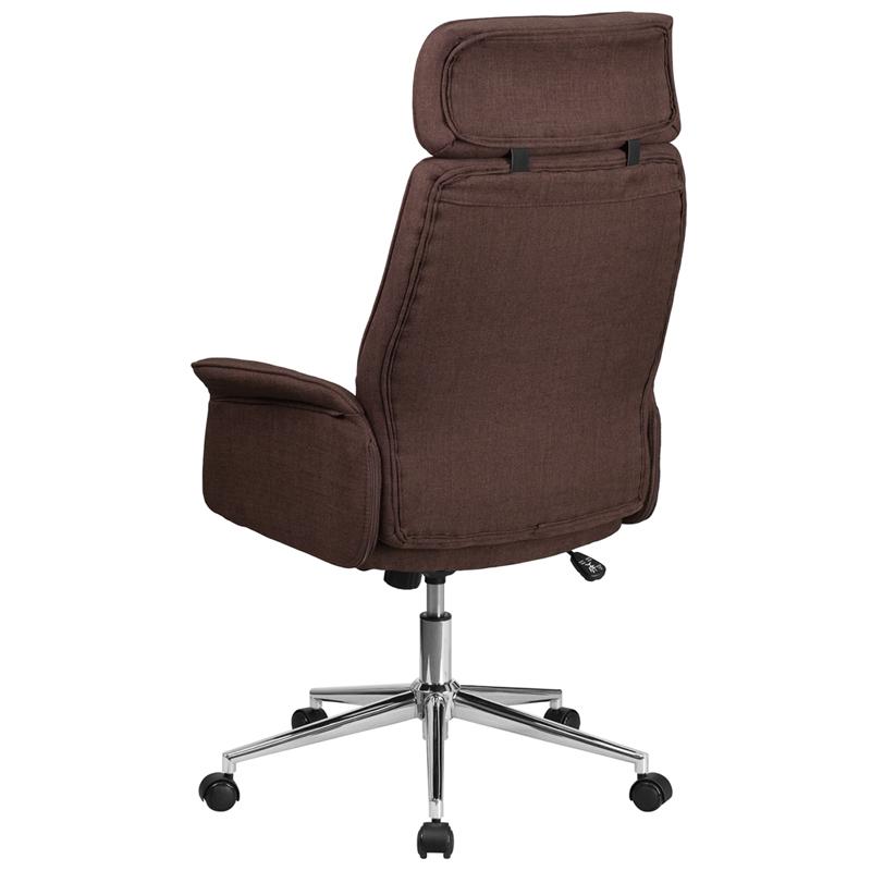 High Back Brown Fabric Executive Swivel Office Chair with Chrome Base and Fully Upholstered Arms. Picture 3