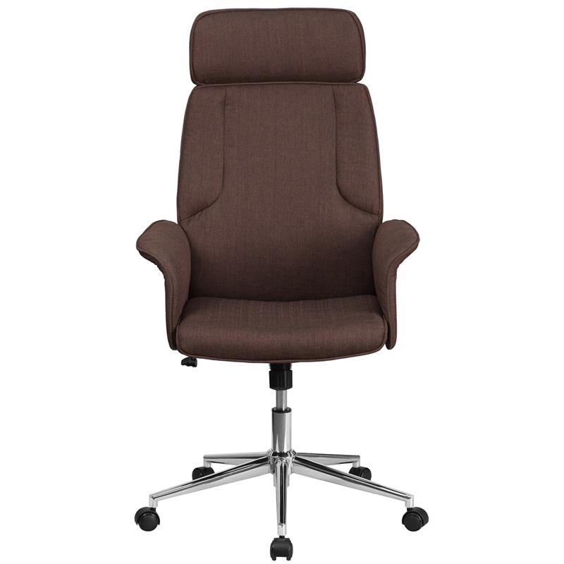 High Back Brown Fabric Executive Swivel Office Chair with Chrome Base and Fully Upholstered Arms. Picture 4