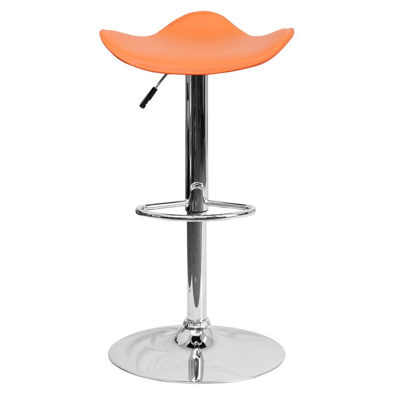 Contemporary Orange Vinyl Adjustable Height Barstool with Wavy Seat and Chrome Base. Picture 4