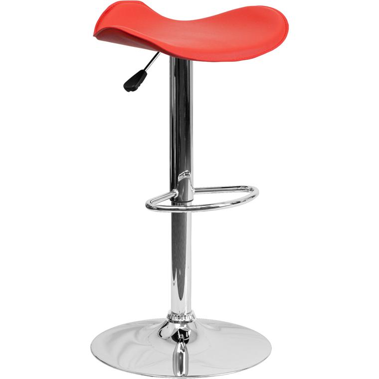 Contemporary Red Vinyl Adjustable Height Barstool with Wavy Seat and Chrome Base. Picture 1