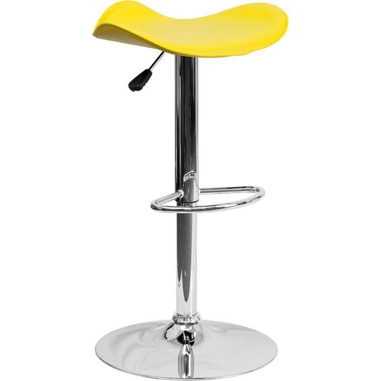 Contemporary Yellow Vinyl Adjustable Height Barstool with Wavy Seat and Chrome Base. Picture 1