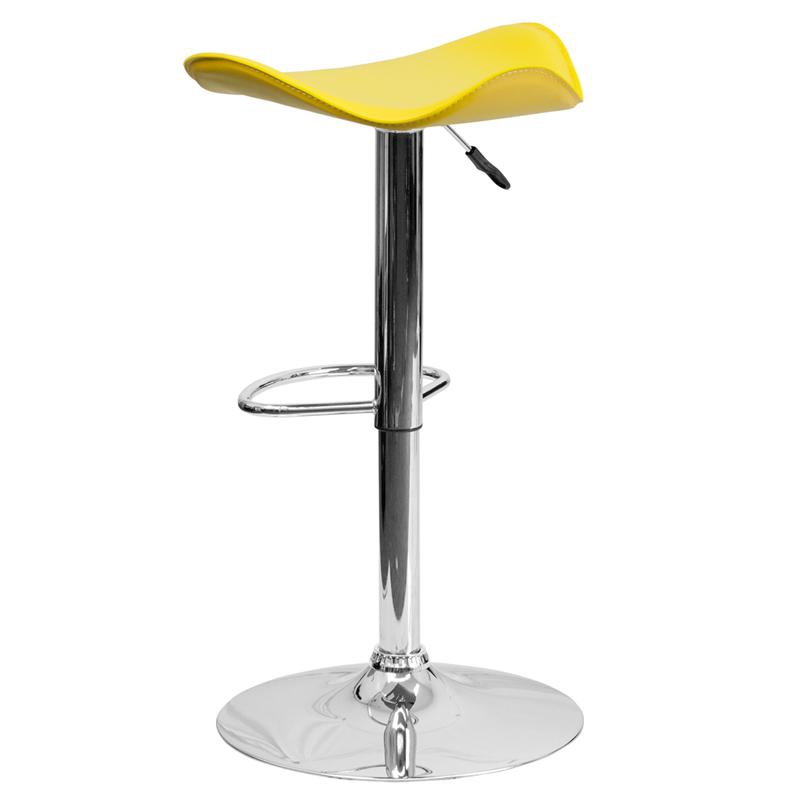 Contemporary Yellow Vinyl Adjustable Height Barstool with Wavy Seat and Chrome Base. Picture 3