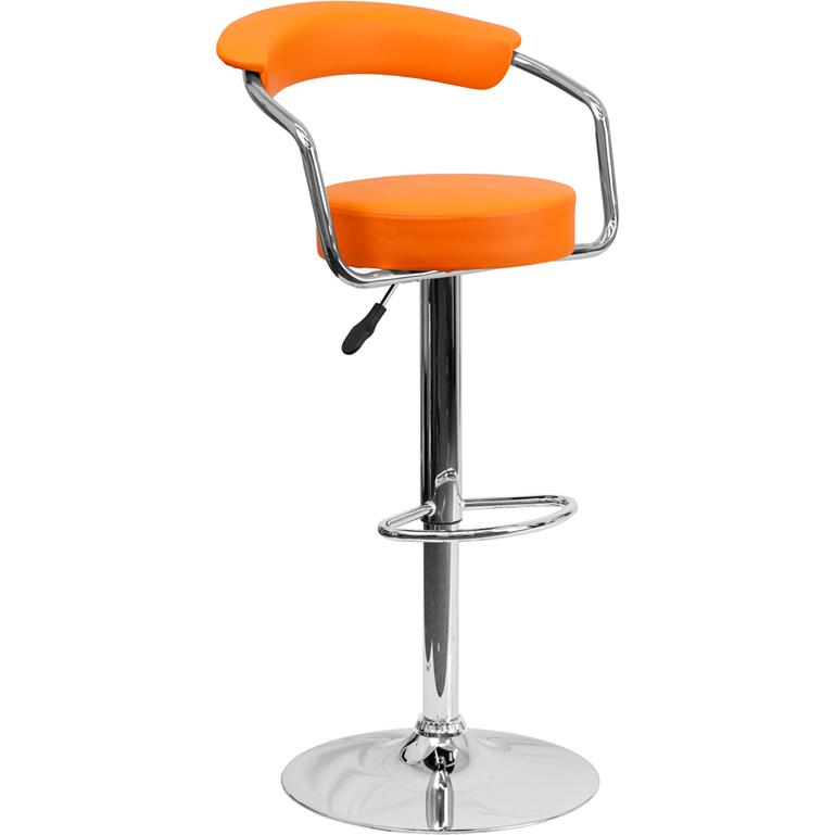 Contemporary Orange Vinyl Adjustable Height Barstool with Arms and Chrome Base. Picture 1