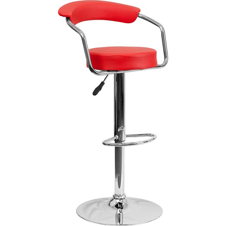 Contemporary Red Vinyl Adjustable Height Barstool with Arms and Chrome Base. The main picture.