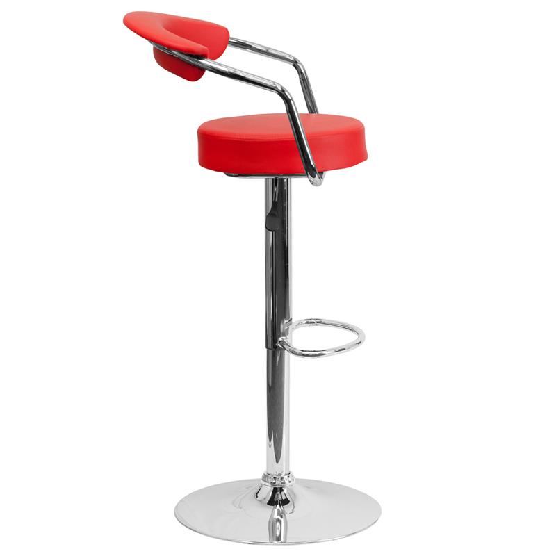 Contemporary Red Vinyl Adjustable Height Barstool with Arms and Chrome Base. Picture 2