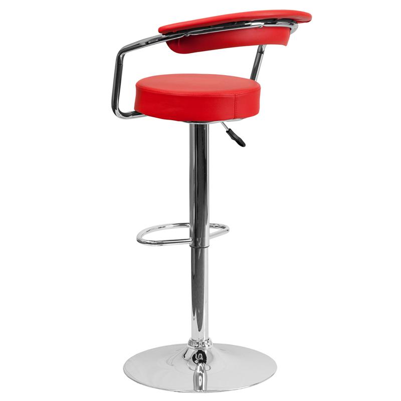 Contemporary Red Vinyl Adjustable Height Barstool with Arms and Chrome Base. Picture 3