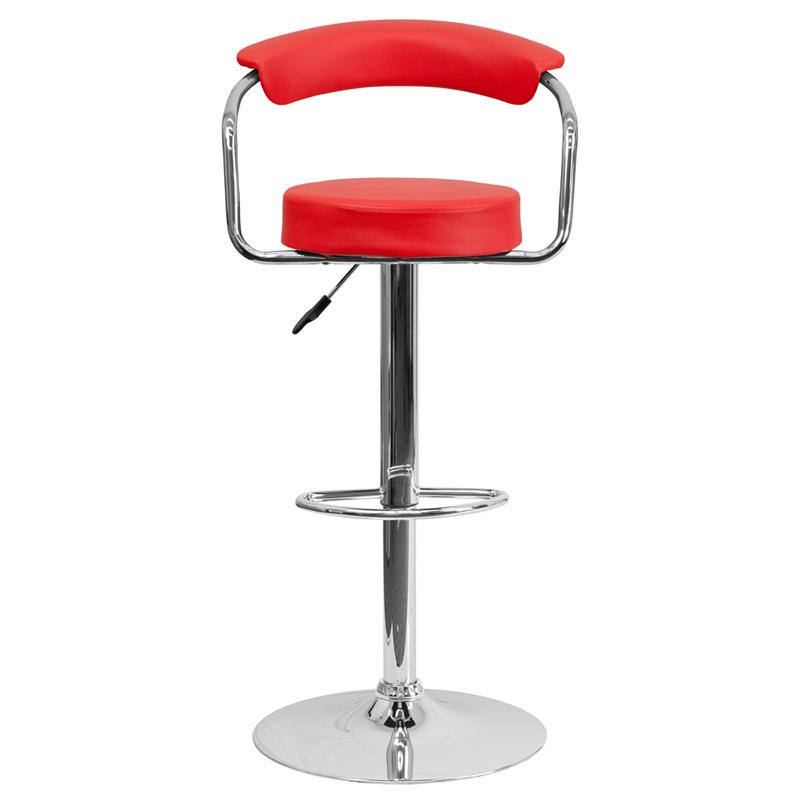 Contemporary Red Vinyl Adjustable Height Barstool with Arms and Chrome Base. Picture 4