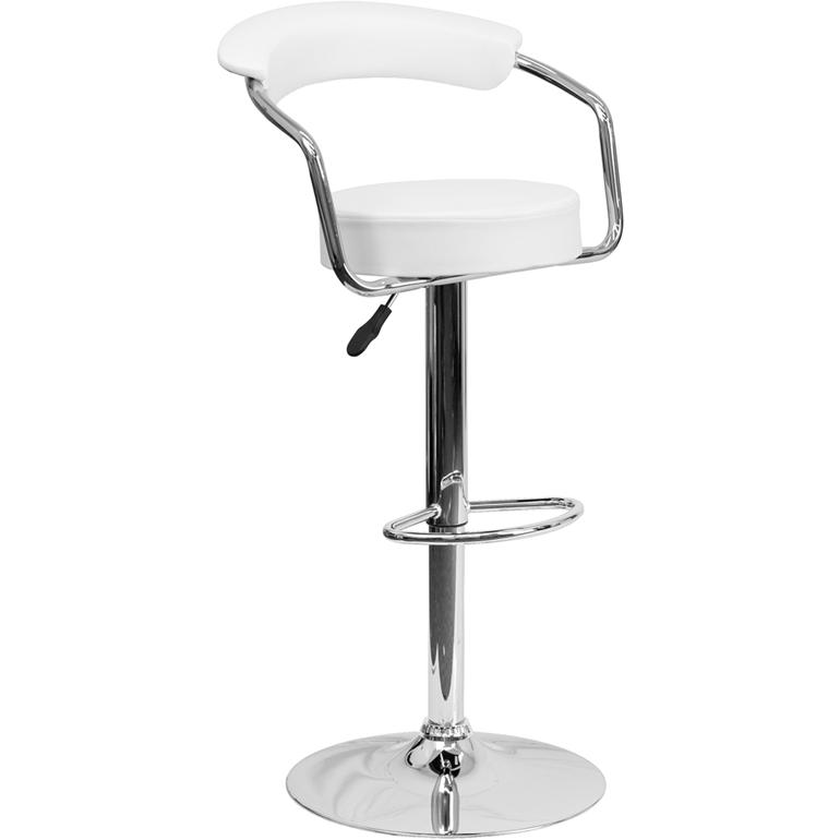 Contemporary White Vinyl Adjustable Height Barstool with Arms and Chrome Base. Picture 1
