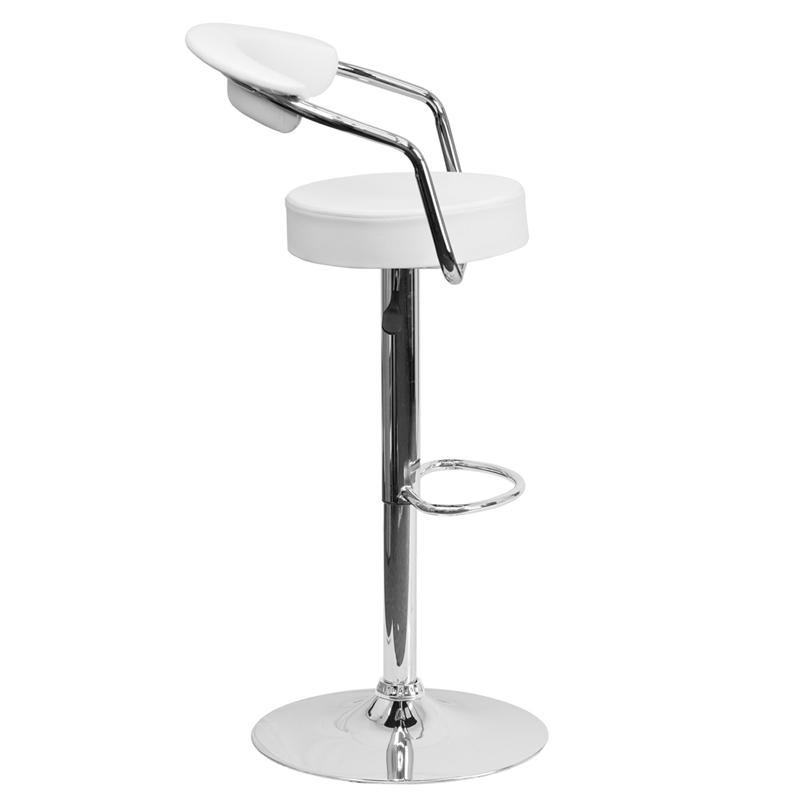 Contemporary White Vinyl Adjustable Height Barstool with Arms and Chrome Base. Picture 2
