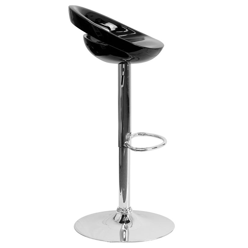 Contemporary Black Plastic Adjustable Height Barstool with Rounded Cutout Back and Chrome Base. Picture 2