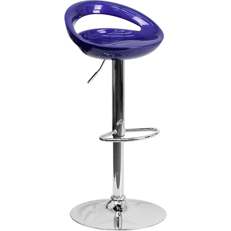 Blue Plastic Adjustable Height Barstool with Rounded Cutout Back and Chrome Base. Picture 1