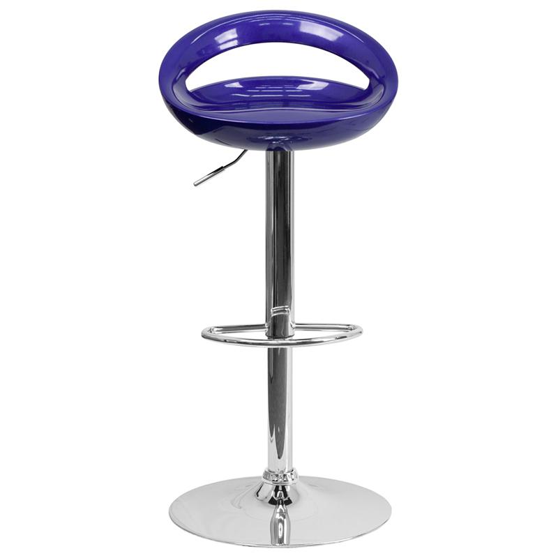 Blue Plastic Adjustable Height Barstool with Rounded Cutout Back and Chrome Base. Picture 4