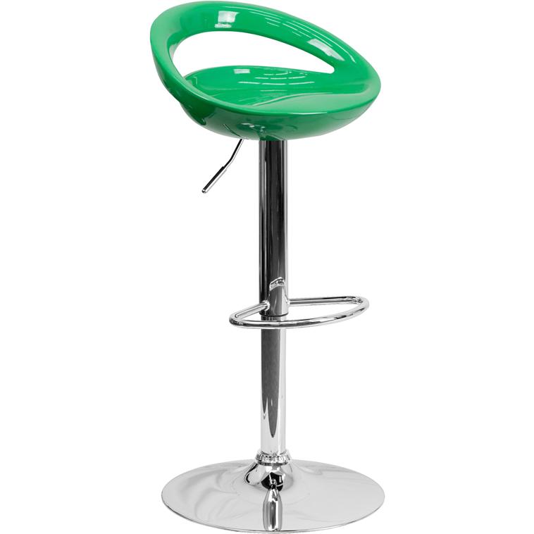 Green Plastic Barstool with Rounded Cutout Back and Chrome Base. Picture 1