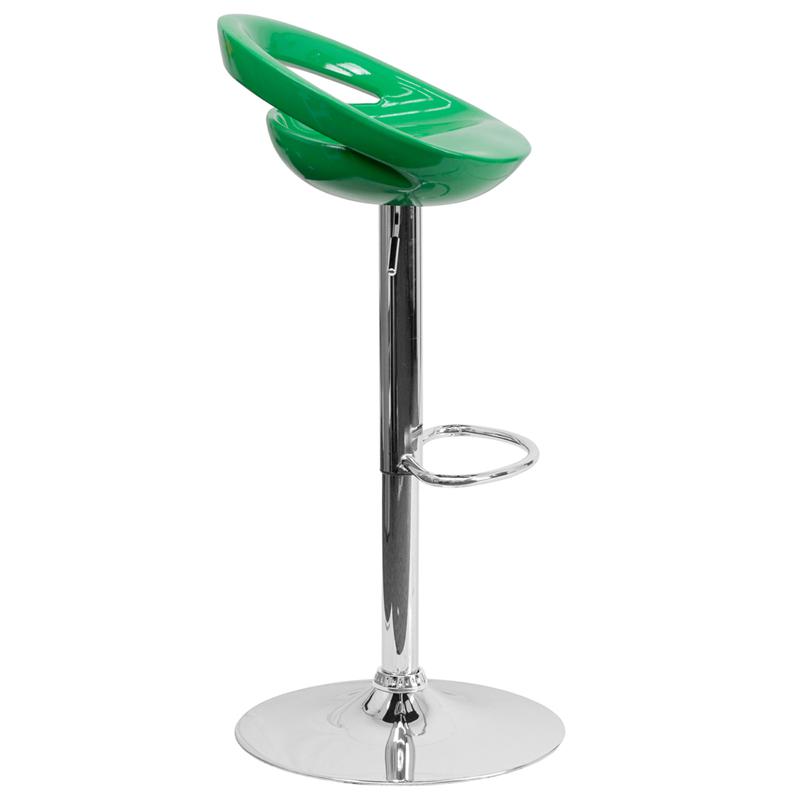 Green Plastic Barstool with Rounded Cutout Back and Chrome Base. Picture 2