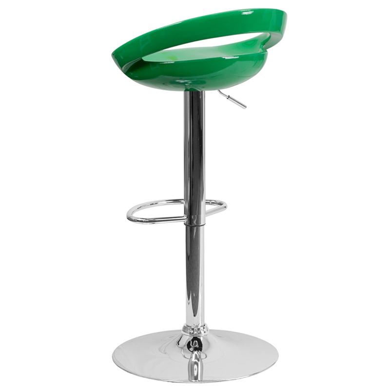 Green Plastic Barstool with Rounded Cutout Back and Chrome Base. Picture 3