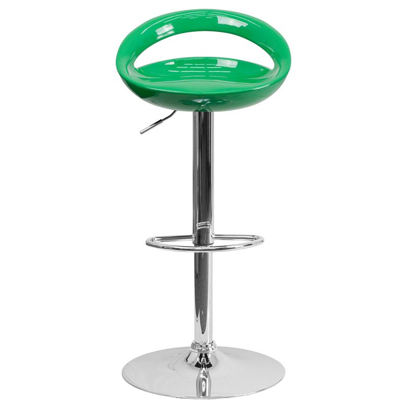 Green Plastic Barstool with Rounded Cutout Back and Chrome Base. Picture 4